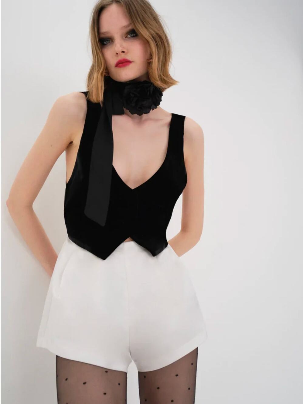 For Love and Lemons Drew Velvet Romper Black White Size Medium NWT Satin Shorts